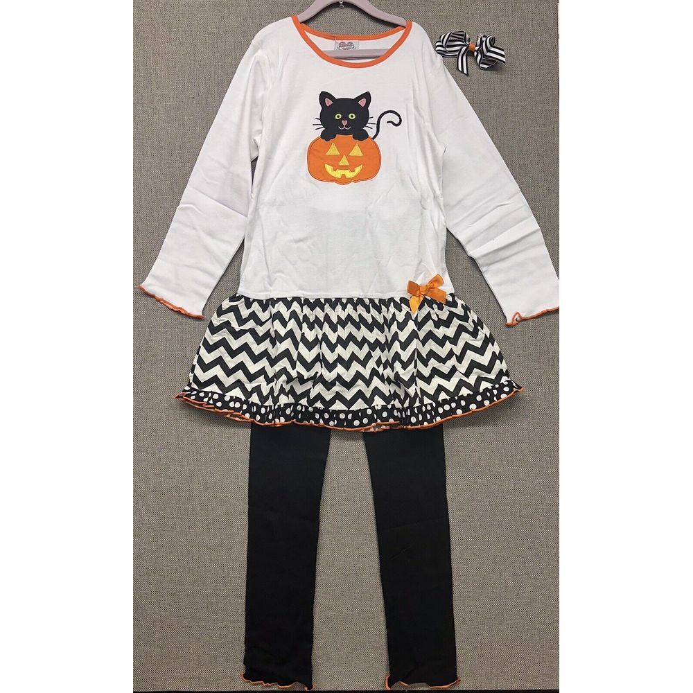 BNWT Ann Loren Halloween Black Cat In Pumpkin Dress Pants Set Girls Size 11/12
